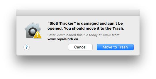 SlothTracker is damaged alert dialog