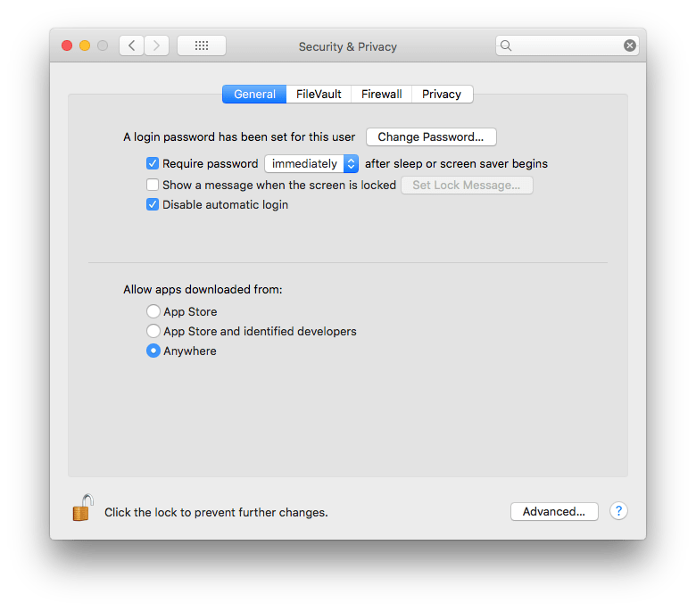 MacOs Security & Privacy dialog