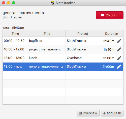 SlothTracker main window on MacOS